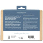 Back of a product packaging with text and branding elements on a white background