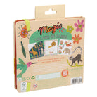 Packaging of Magic Colour-In Cards with illustrations and text on a beige background