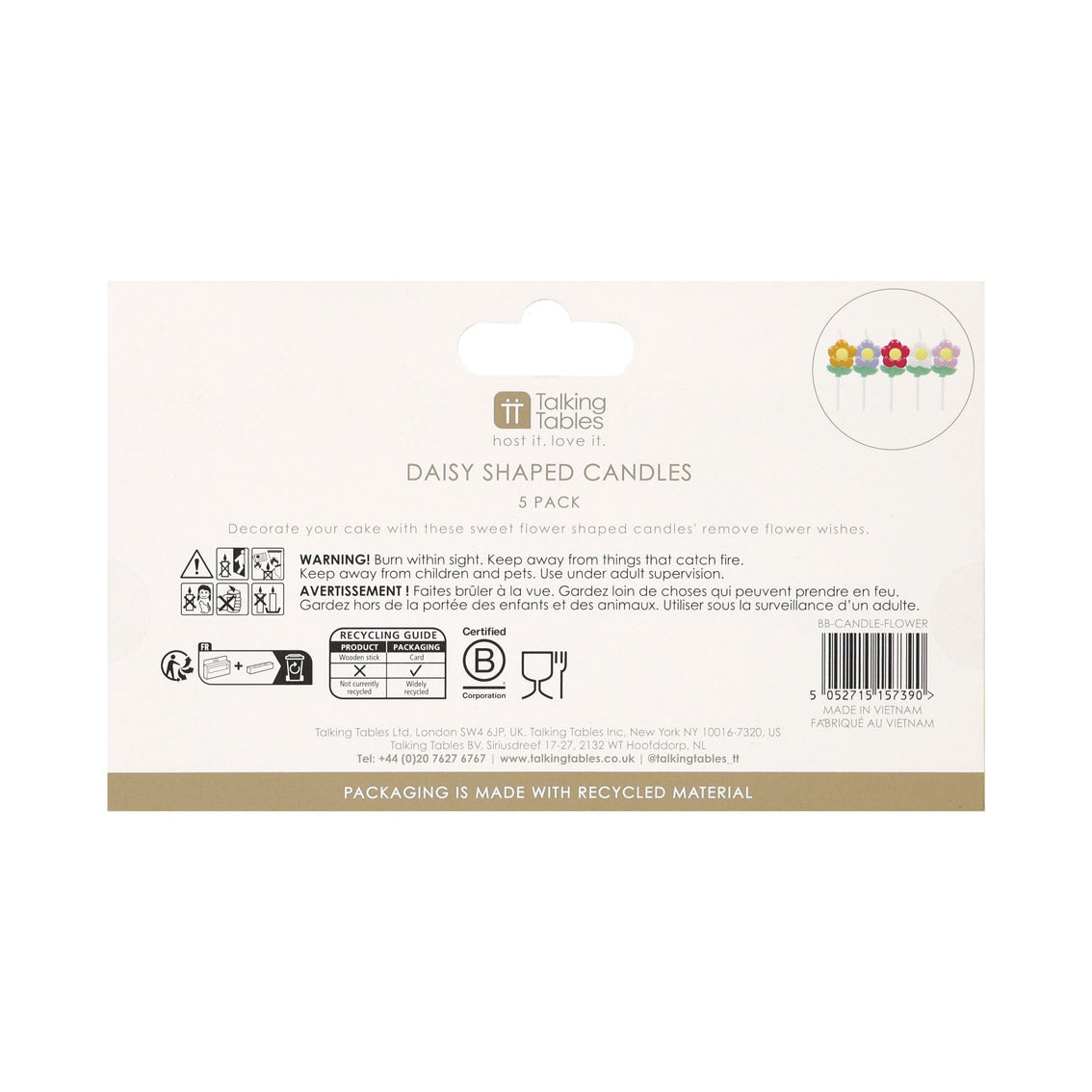 Packaging of Daisy Shaped Candles with brand logo and product details on a white background