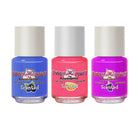 Three bottles of Piggy Paint scented nail polish in blue, pink, and purple on a white background.