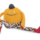 Yellow plush toy with a leopard print tail on a white background