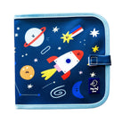 Children's bag with space-themed design featuring a rocket, planets, and stars on a blue background.