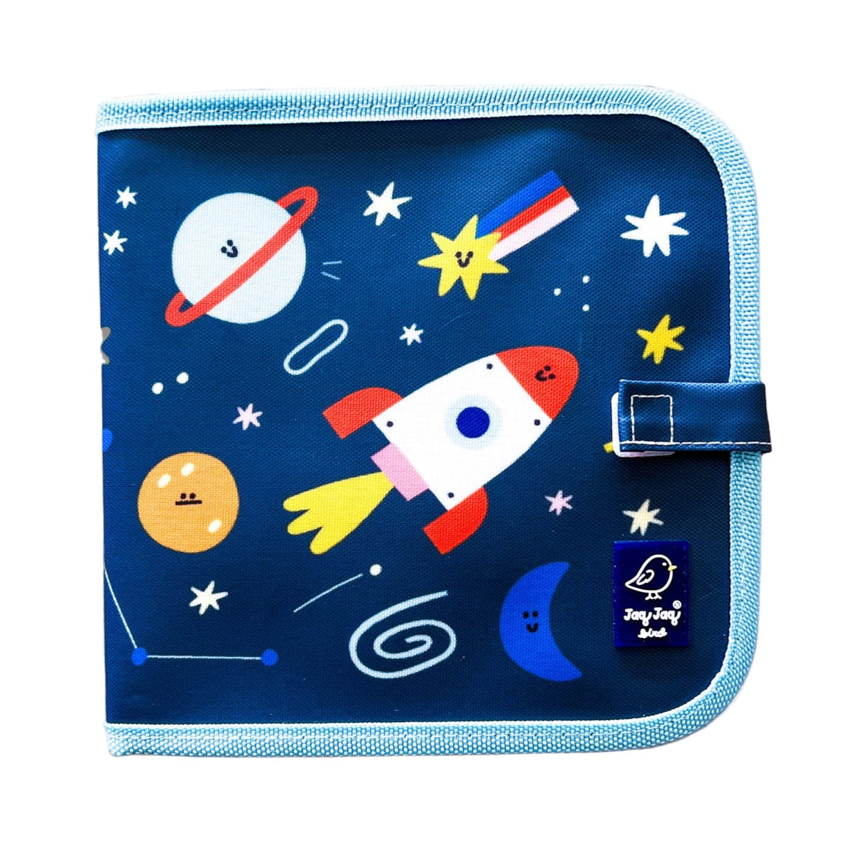 Children's bag with space-themed design featuring a rocket, planets, and stars on a blue background.