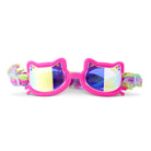 Colorful cat-eye sunglasses with a multicolored band on a white background
