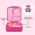 Pink lunch box with features highlighted on a pink background