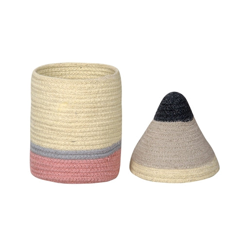 Two woven baskets with different color patterns on a white background