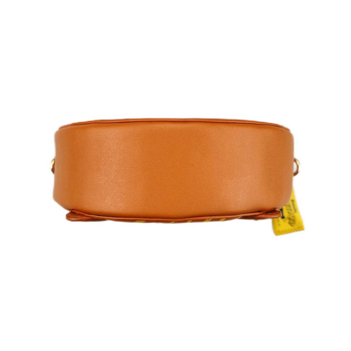 Brown leather belt with a yellow tag on a white background