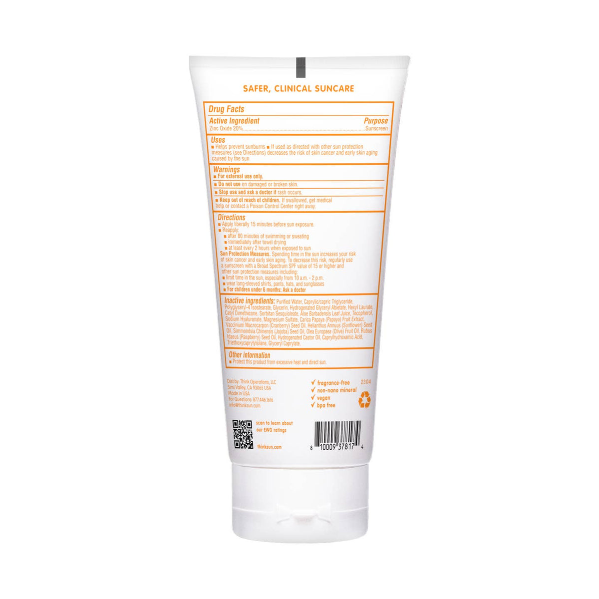 Back label of a sunscreen tube with text and branding on a white background