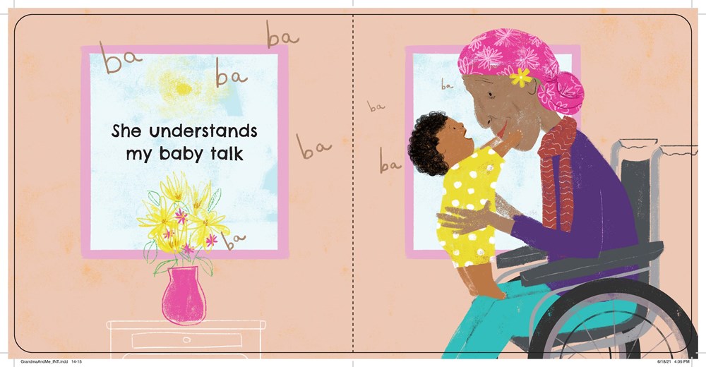 Illustration of a woman in a wheelchair holding a child with text 'She understands my baby talk'.