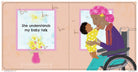 Illustration of a woman in a wheelchair holding a child with text 'She understands my baby talk'.