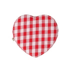 Heart-shaped red and white checkered pouch on a white background
