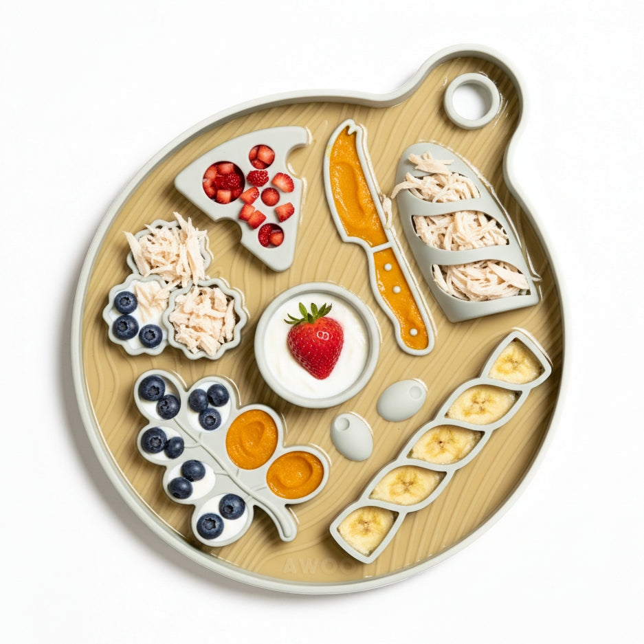 Wooden tray with various food items and utensils on a white background