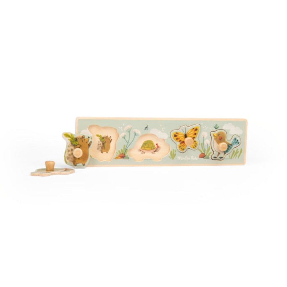 Wooden toy with animal figures and a butterfly on a white background