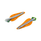 Two carrot-shaped hair clips with silver blades on a white background