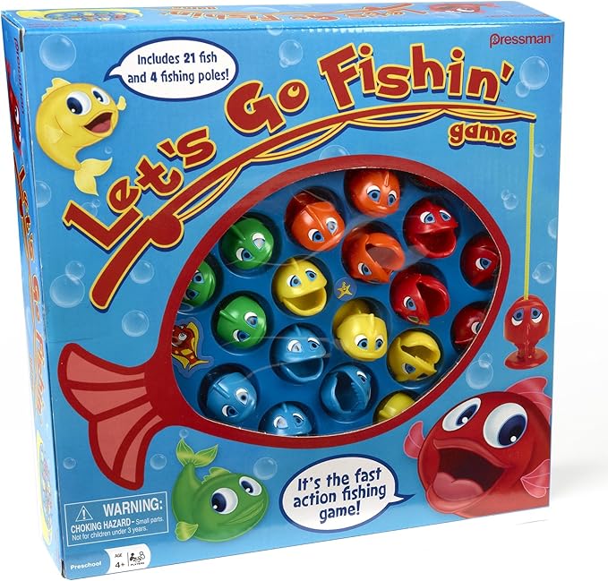 Let’s Go Fishin' Game box and contents, including the colorful game board, 21 toy fish, and four fishing rods.