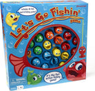 Let’s Go Fishin' Game box and contents, including the colorful game board, 21 toy fish, and four fishing rods.