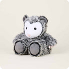 A gray and white fluffy Opossum by Warmies stuffed animal with round black eyes, a pink nose, and dark gray paws, sitting upright against a white background.