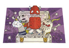 Colorful card with cartoon monsters on a purple background
