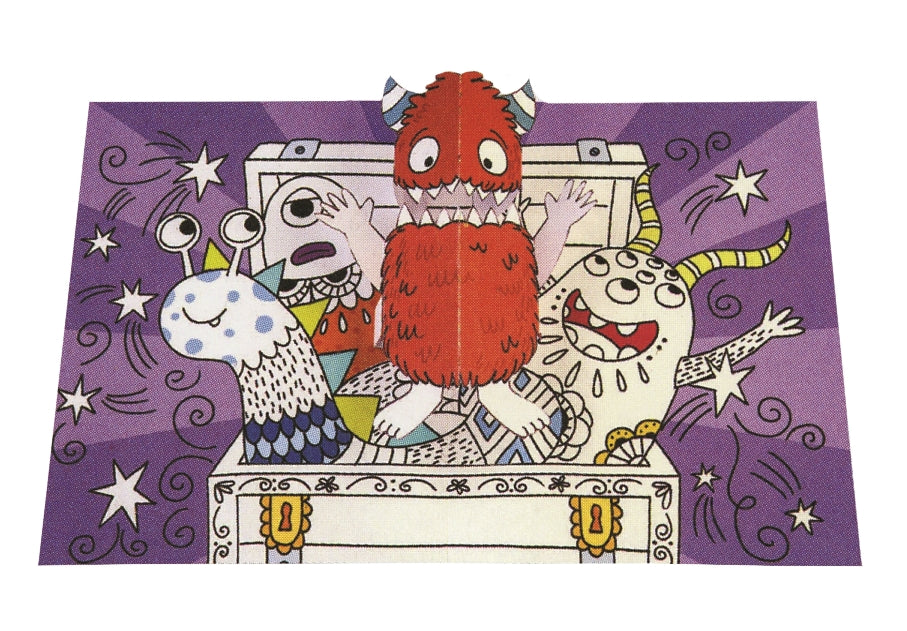 Colorful card with cartoon monsters on a purple background