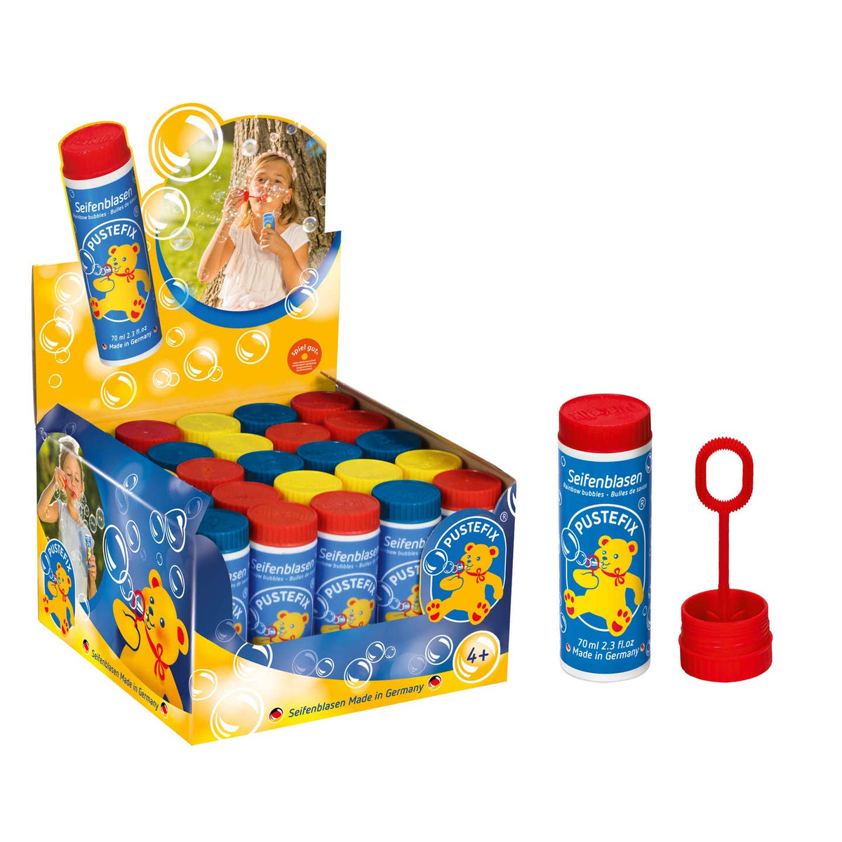 Pustefix bubble gun packaging with a child blowing bubbles, displayed in a box.