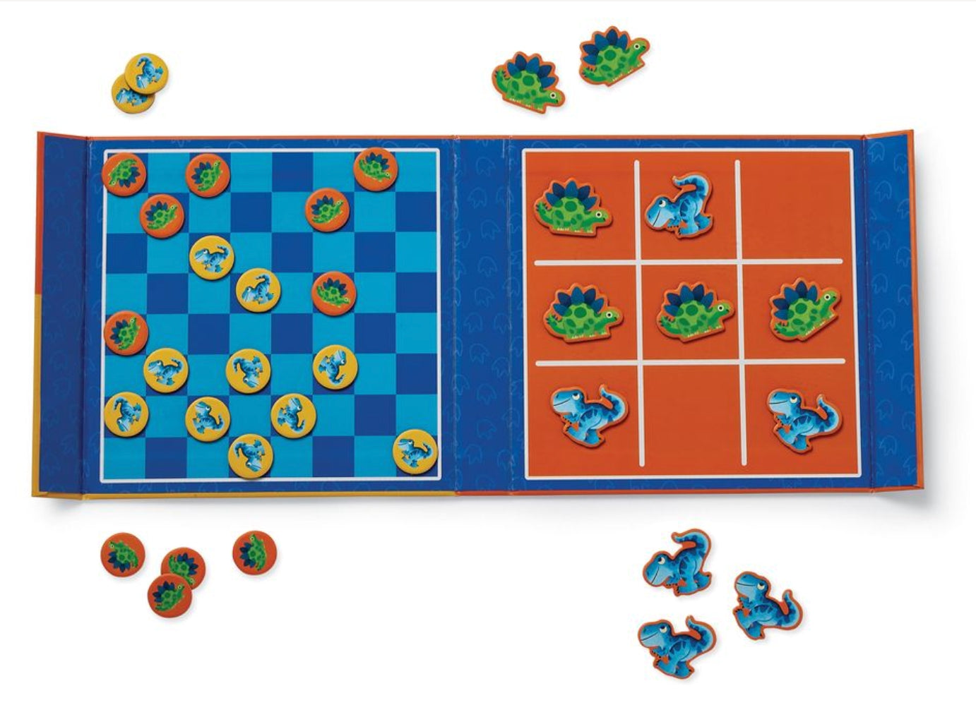 Children's checkers game with dinosaur pieces on a blue and orange board