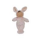 Plush toy baby in a bunny costume on a black background