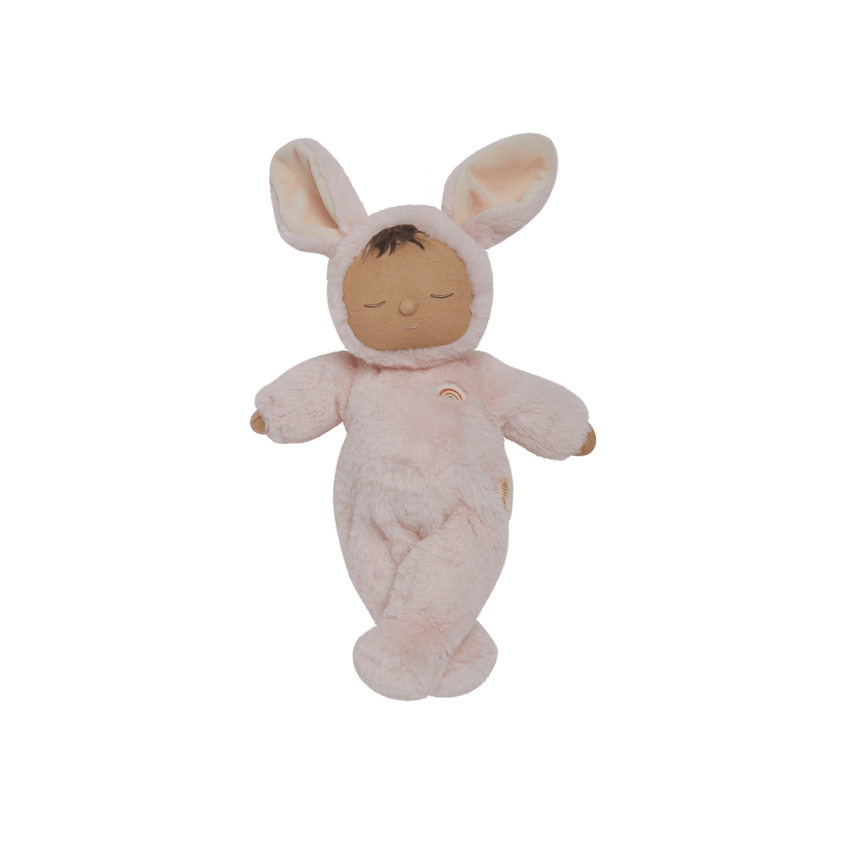 Plush toy baby in a bunny costume on a black background