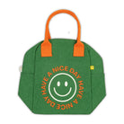 Green bag with orange handles and a smiley face design on a white background