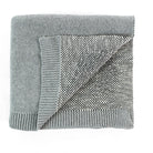 A folded gray knit blanket with a textured woven pattern and ribbed borders, shown on a plain white background.