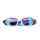 White swim goggles with colorful lenses on a white background