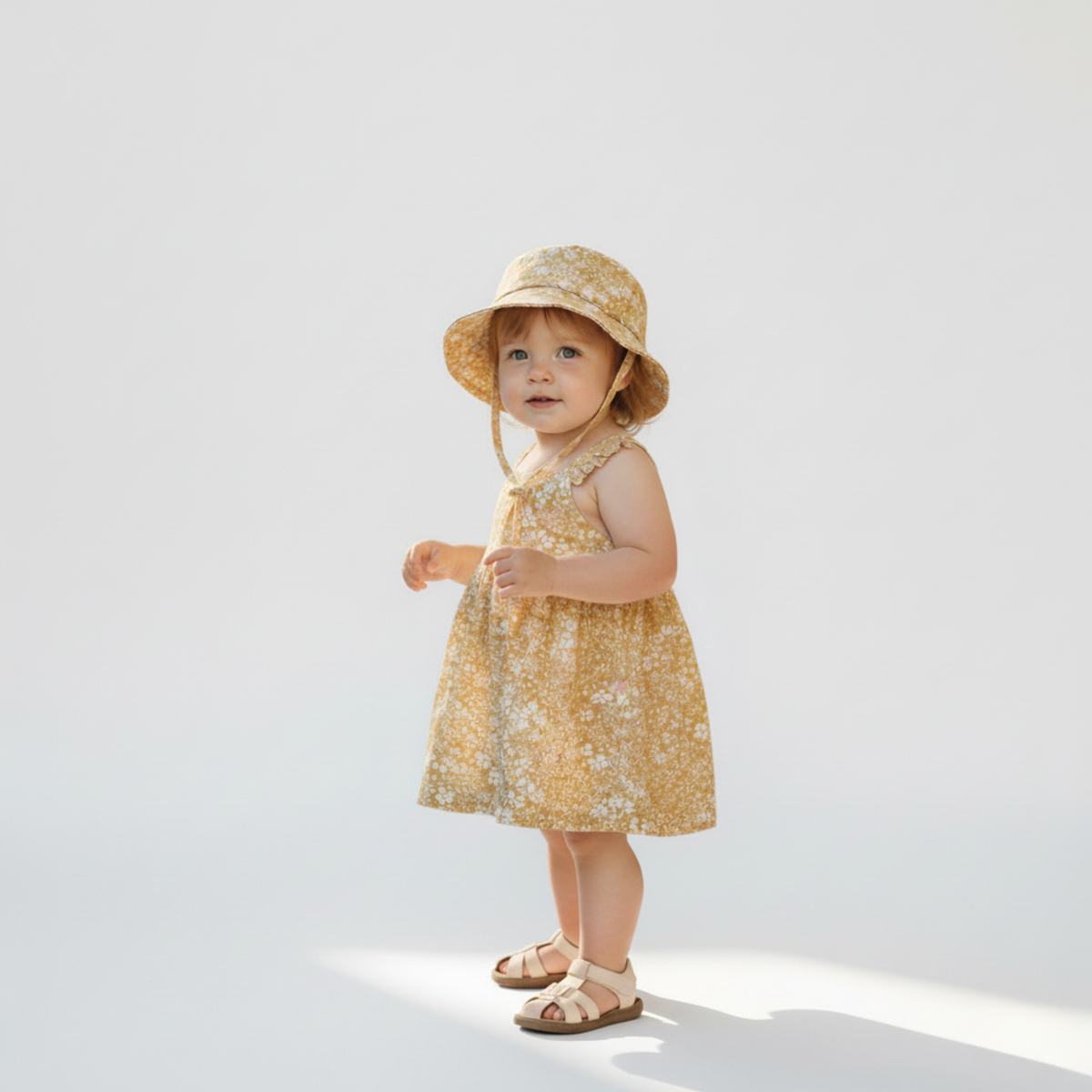 Child wearing a yellow floral dress and hat on a white background