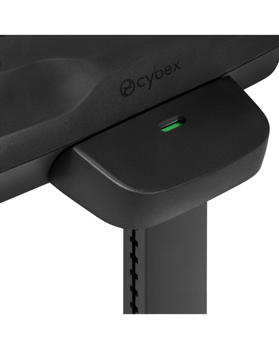 Close-up of a black chair with 'cybex' branding on a white background