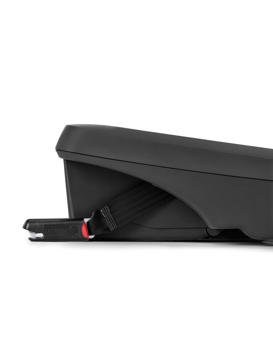 Black car seat with a strap on a white background