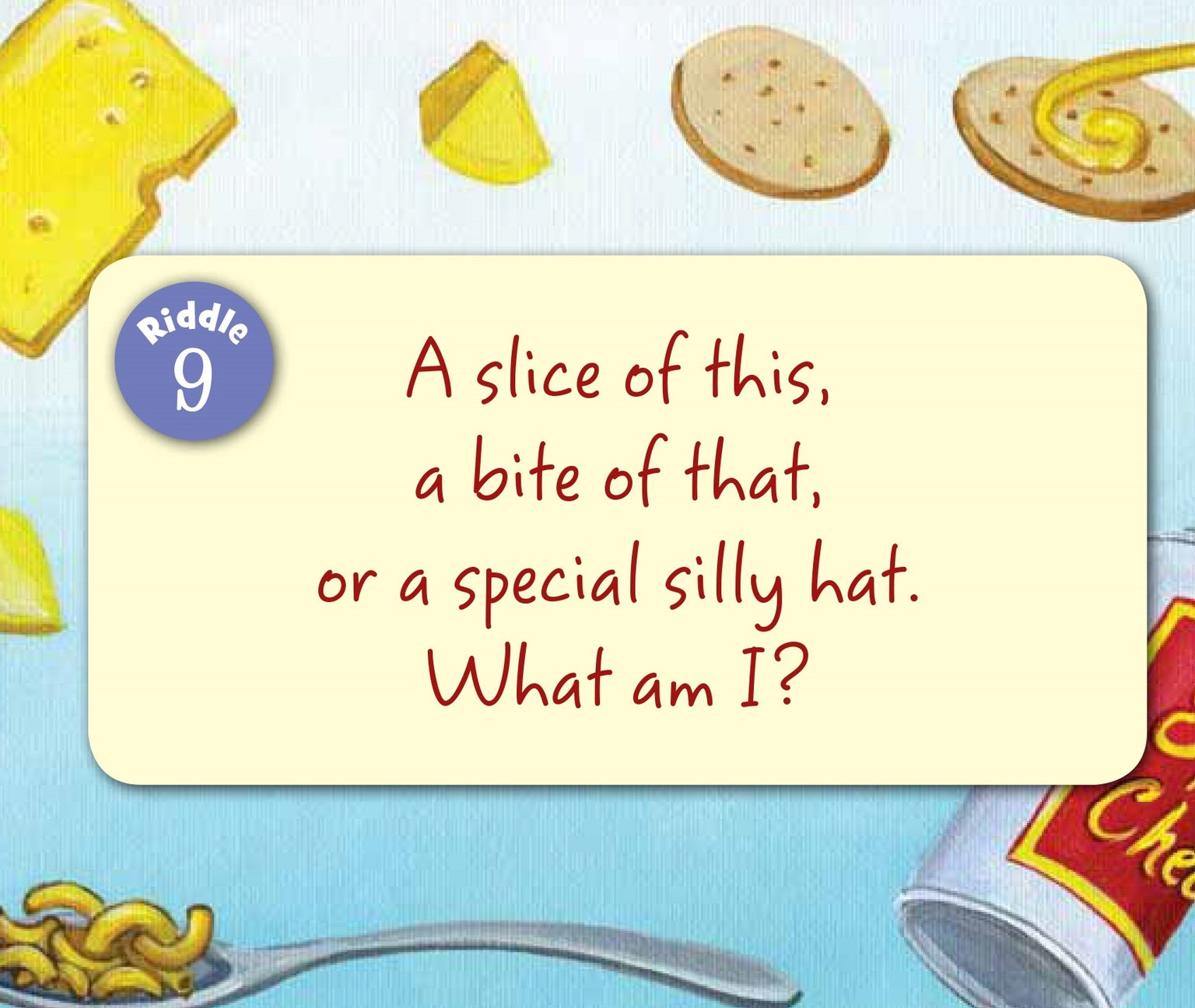 Riddle with food items and a yellow card asking 'What am I?' on a blue background.