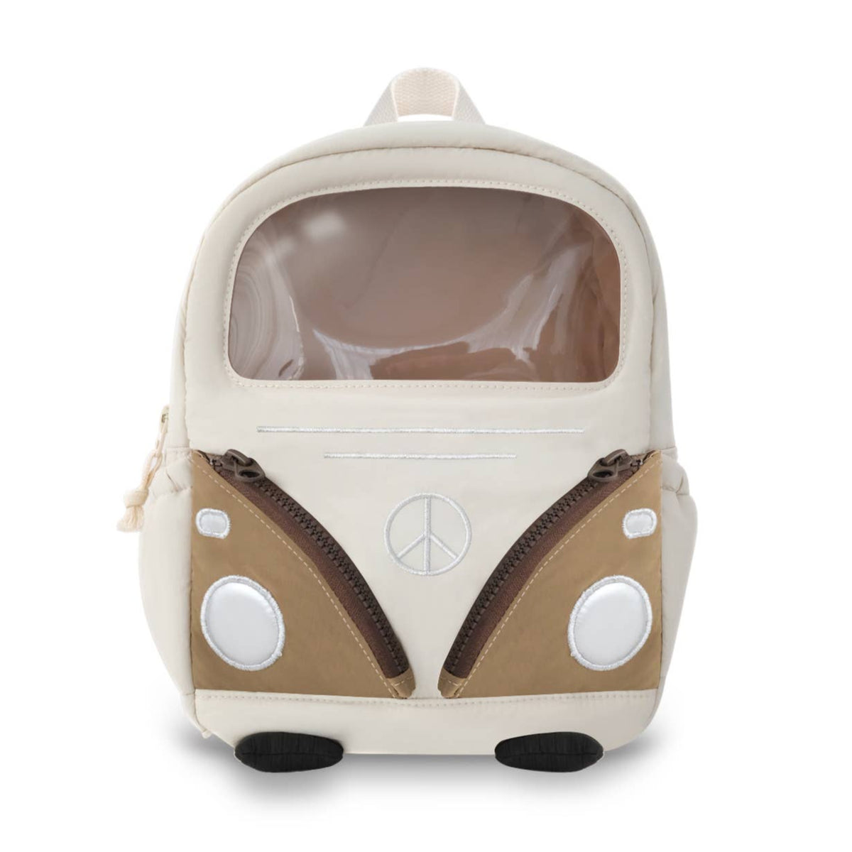 Backpack designed like a vintage van with a peace symbol on a white background