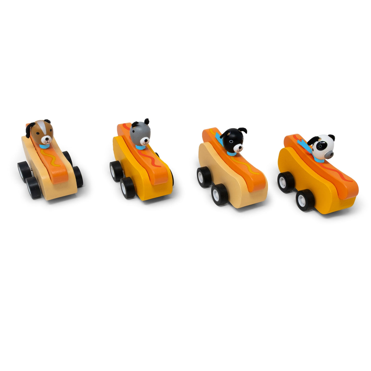 Four toy cars with dog figures on a white background