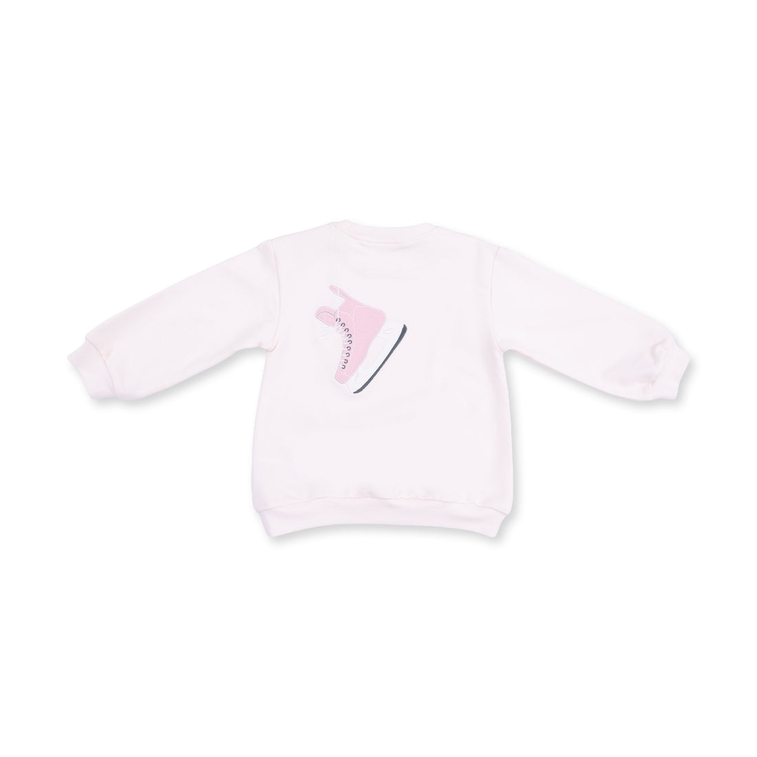 A light pink long-sleeve sweatshirt featuring a graphic of a pink ice skate on the chest, displayed against a solid white background.