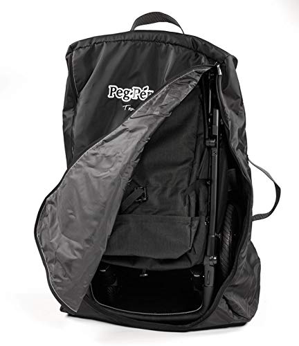 Black backpack with a stroller inside on a white background, featuring the Peg Perego logo.