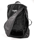 Black backpack with a stroller inside on a white background, featuring the Peg Perego logo.