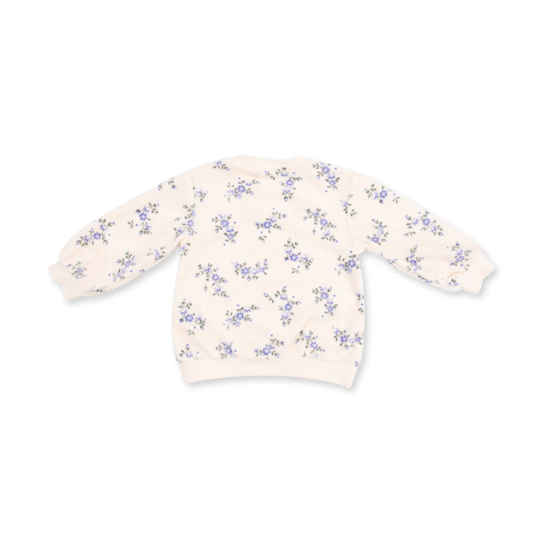 A cream-colored long-sleeve sweatshirt with an all-over small blue and purple floral pattern, shown flat against a white background.