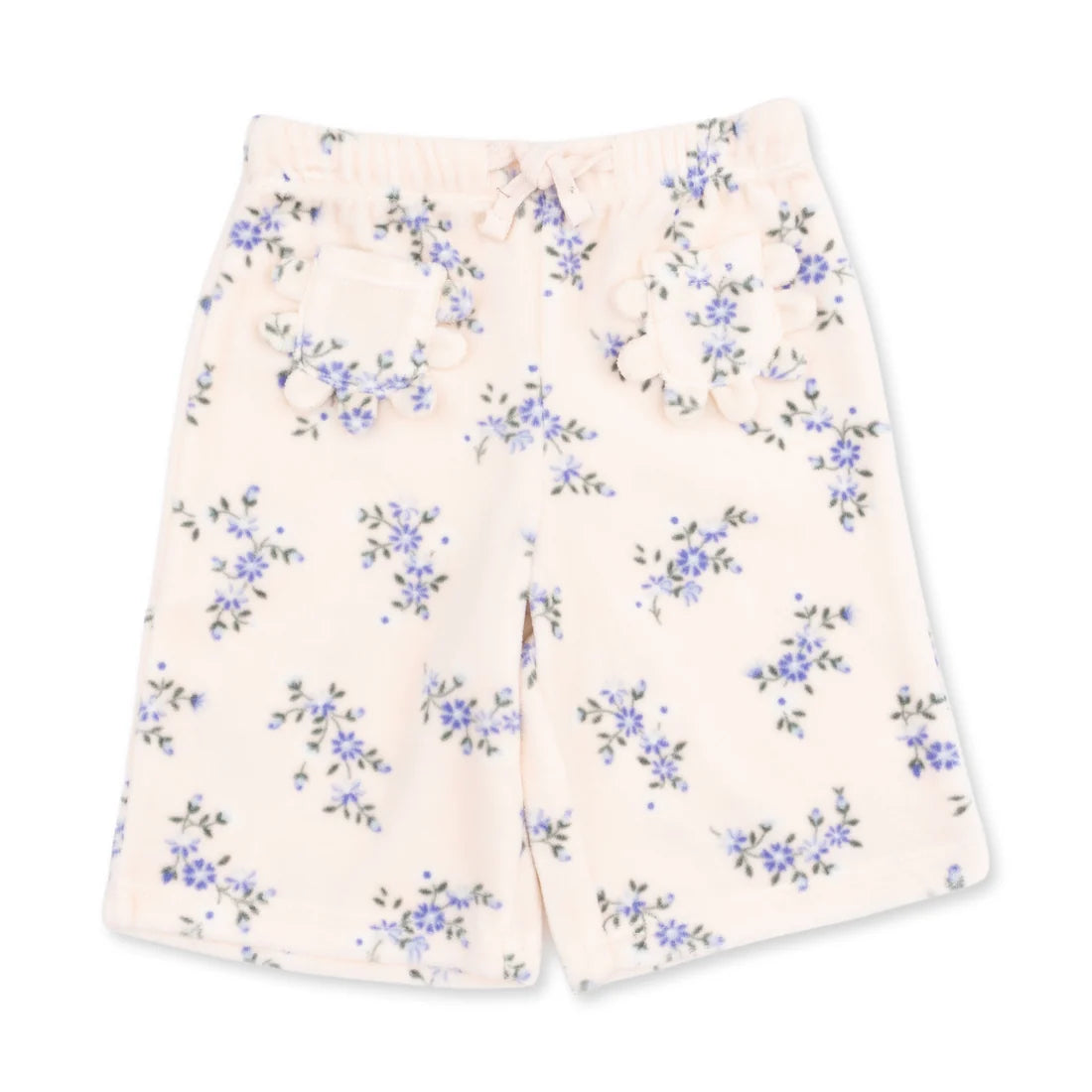 A pair of girls' shorts in a soft cream fleece fabric with a blue and green floral print, featuring an elastic waistband and drawstring.