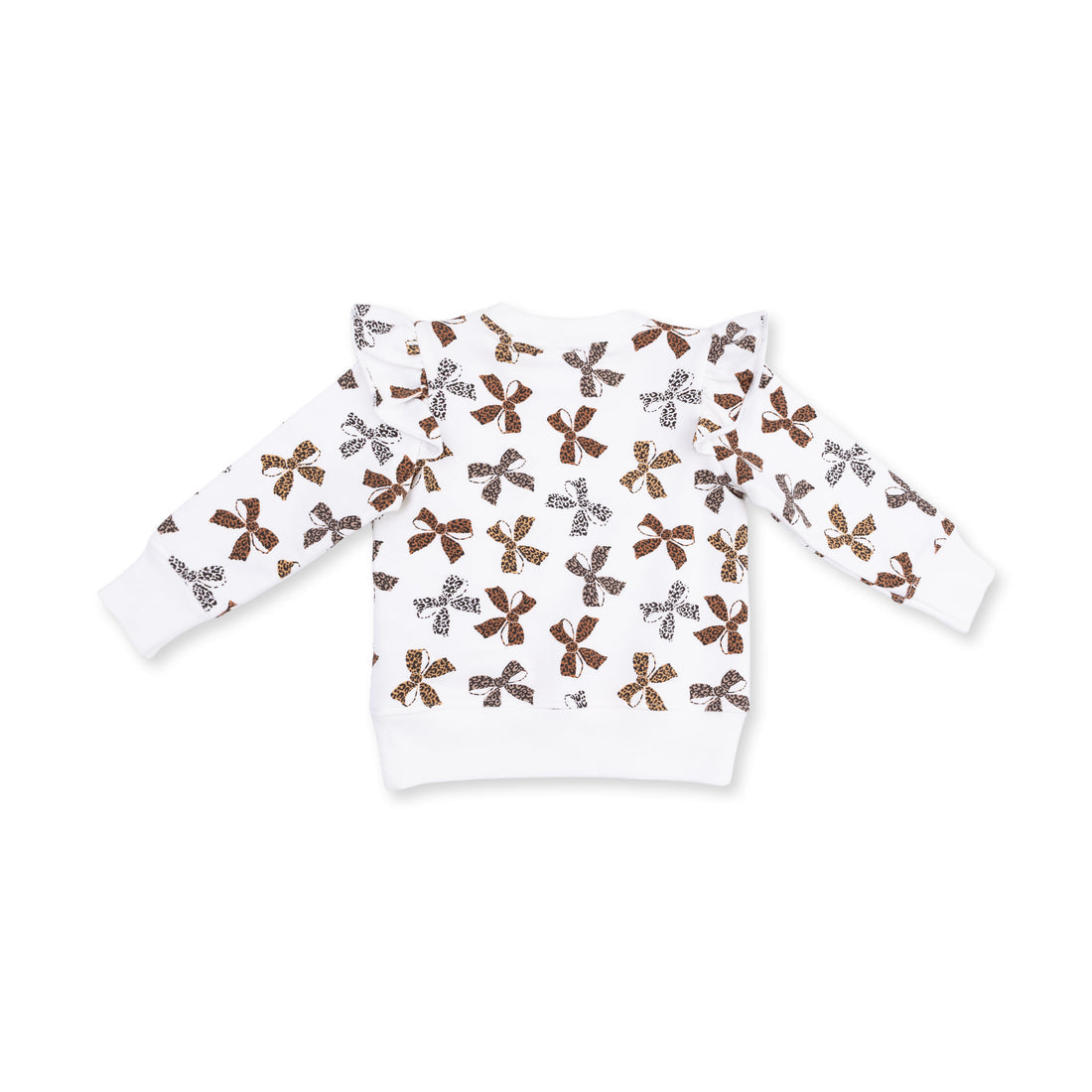 A white long-sleeve baby sweater with an all-over pattern of brown and silver bow sequins, shown flat on a white background.