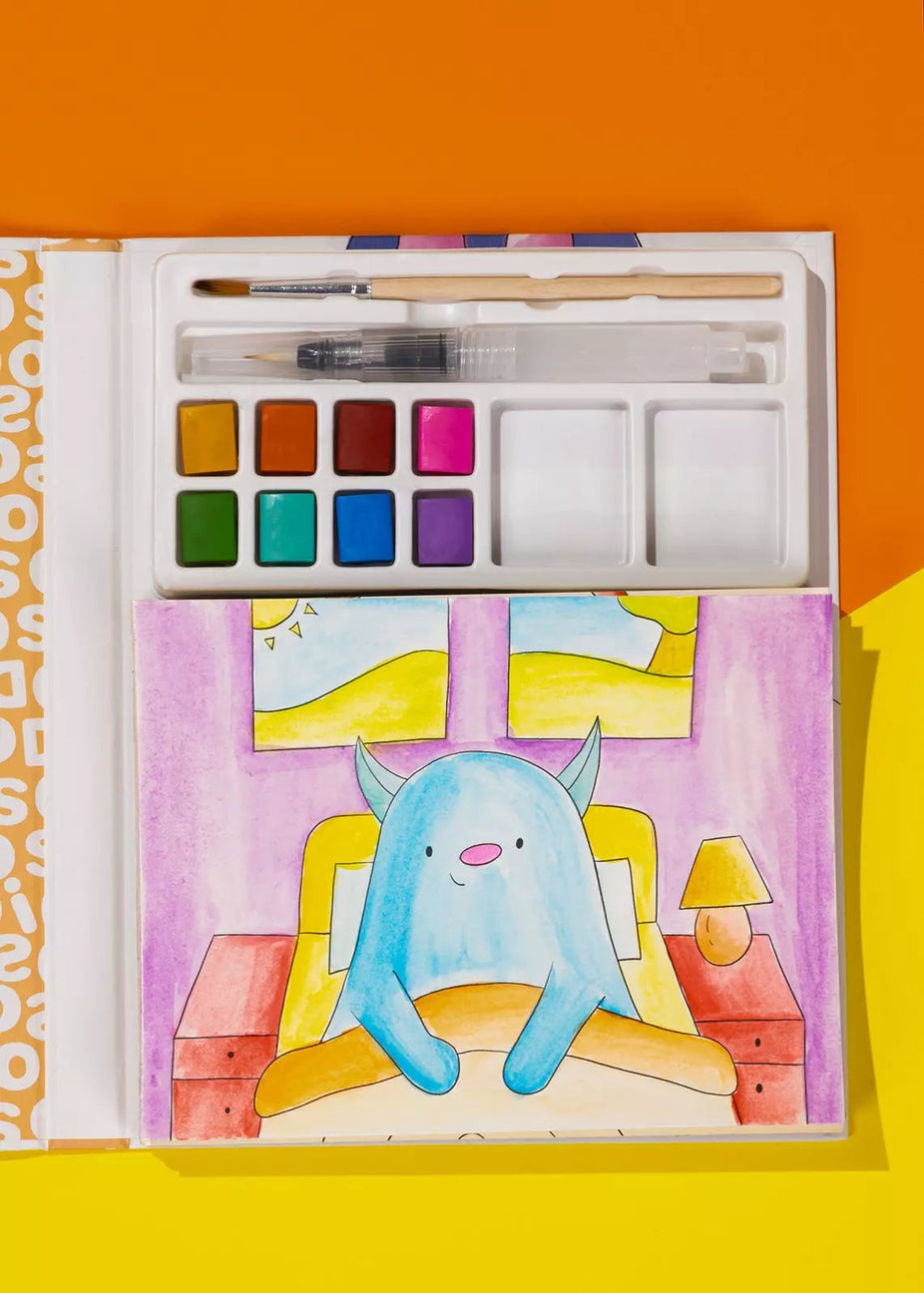 Artistic depiction of a blue creature in a room with watercolor paints and brushes.