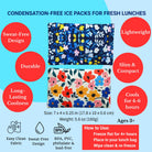 Floral ice packs for lunches with features and usage instructions on a blue background