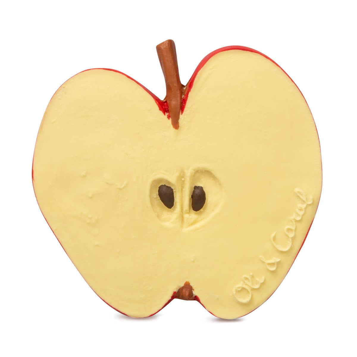 Toy apple with a face on a white background