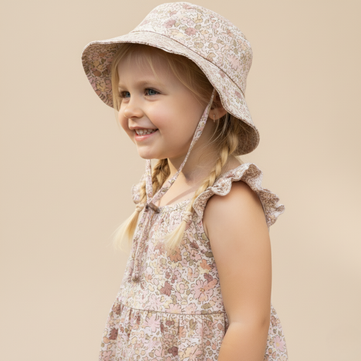 Young girl wearing a floral hat and dress on a beige background