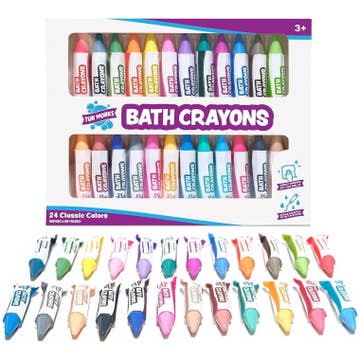 Box of Tub Trax Bath Crayons with 24 colorful crayons displayed below.