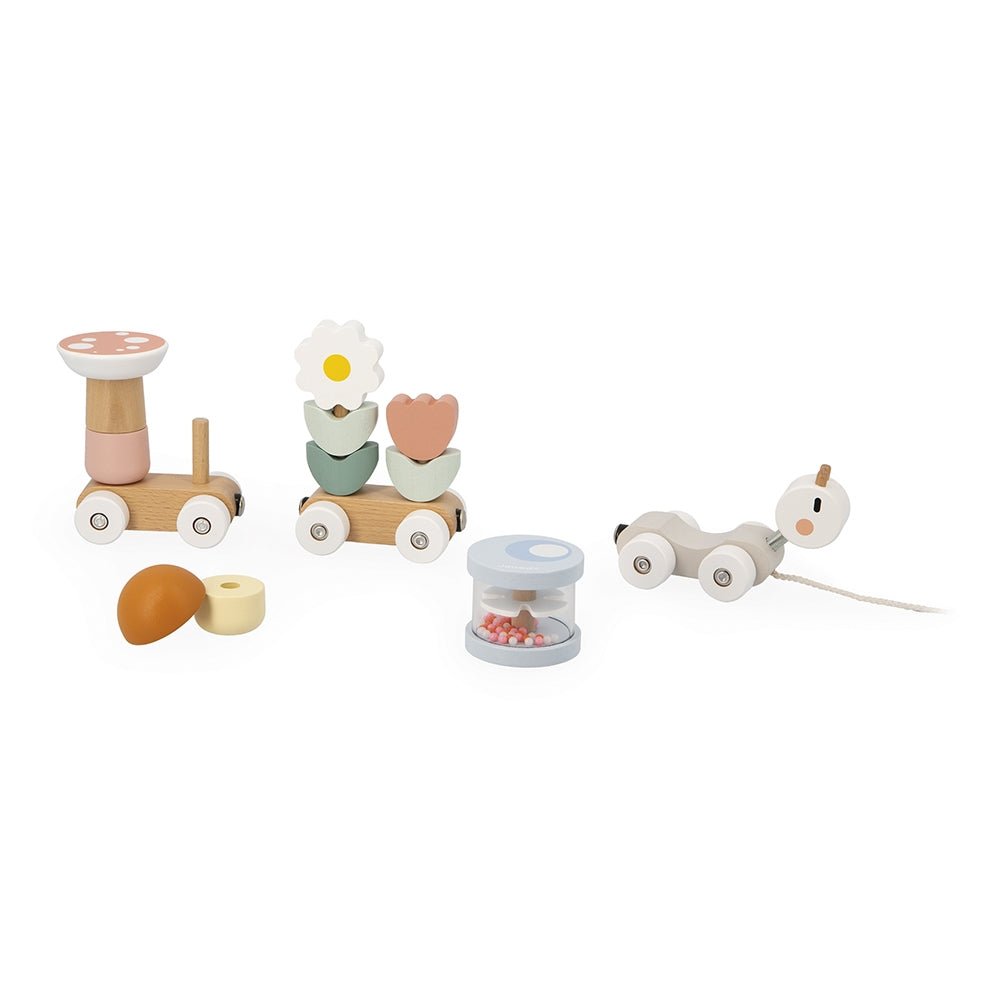 Set of wooden toys on a white background