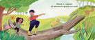 Illustration of a mother and daughter crossing a log in a forest with text about adventure.
