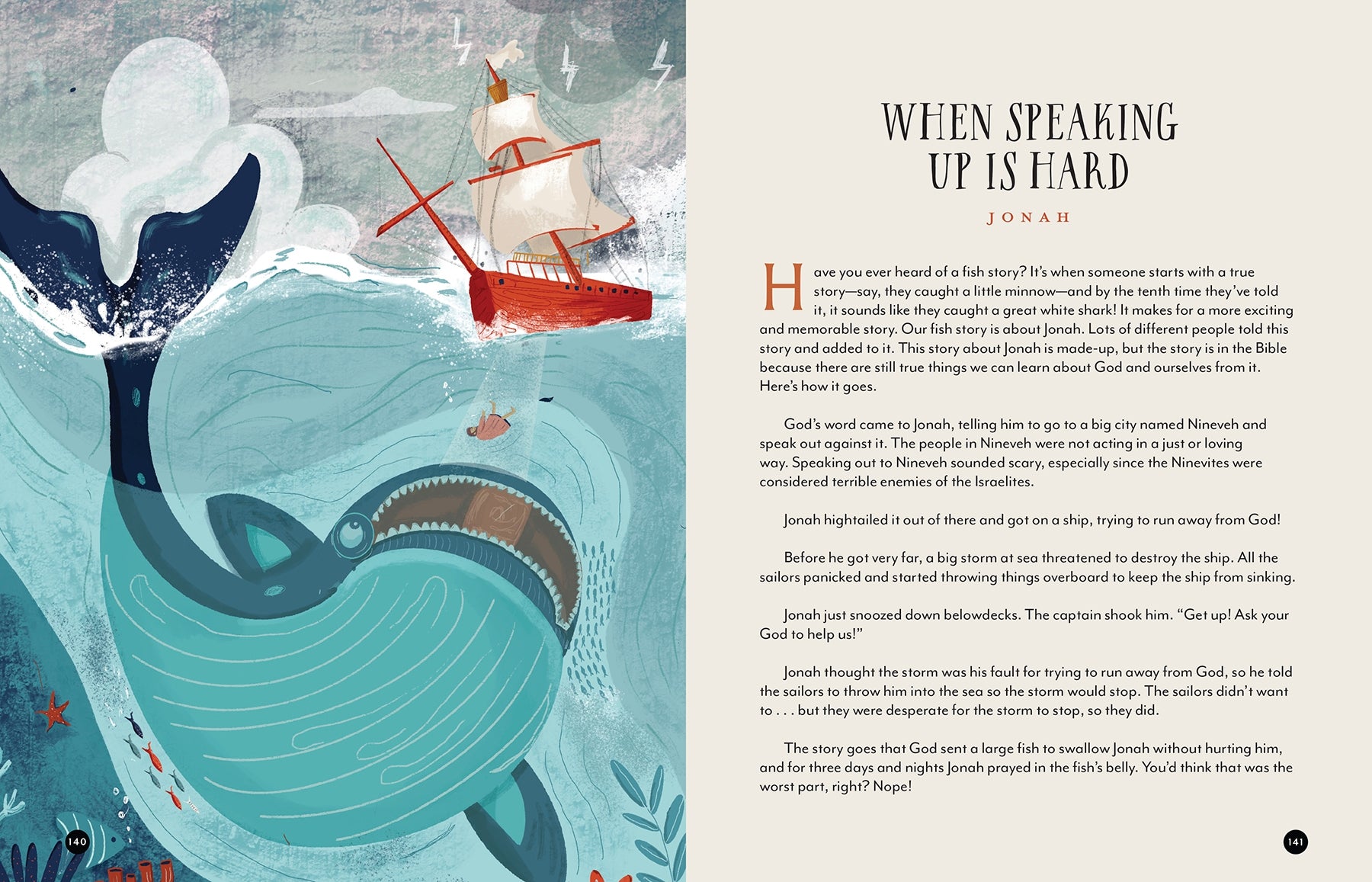 Illustration of a whale and a ship with a person inside, accompanied by text about the story of Jonah.